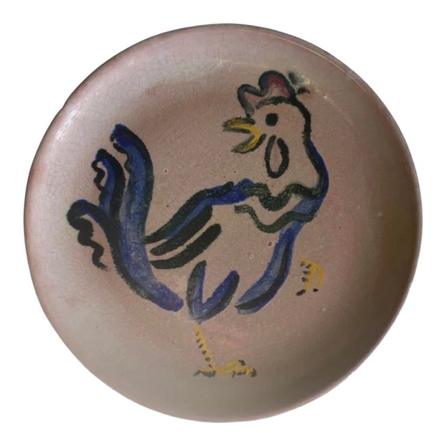 Vintage Glazed Pottery Plate of Rooster, Circa 1940 For Sale