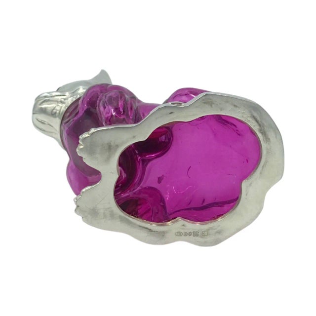 Vintage French Bulldog Pink Glass Silverplate Claret Jug Decanter For Sale - Image 11 of 13