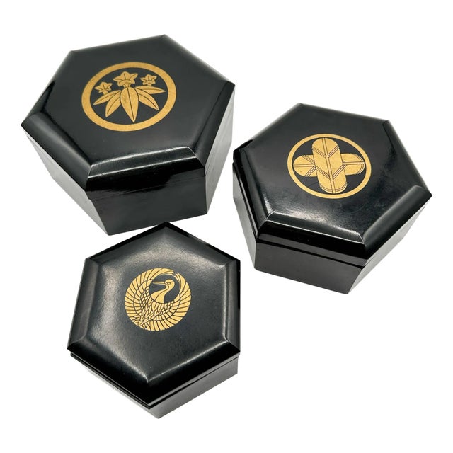 Vintage Nesting Black Lacquer Finish Boxes With Gold Print Design Set of Three Made in Japan For Sale
