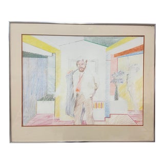 1980s Figurative Male in Interior Color Pencil Sketch by Paul Rybarczyk, Framed For Sale