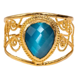 Vintage Blue Cat Eye Chunky Cuff Bracelet For Sale