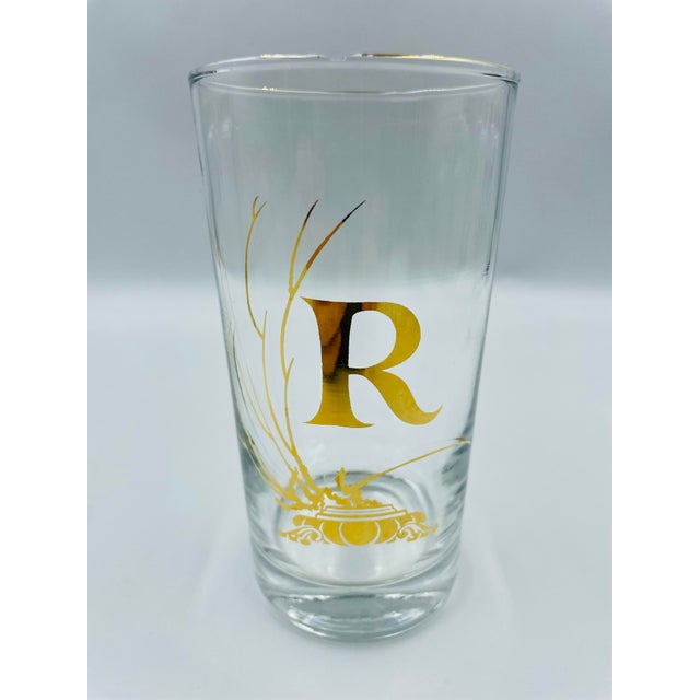 Rare Mid 20th Century Gold Leaf Monogram “R” Highball Glasses – Set of 6 For Sale In Los Angeles - Image 6 of 12