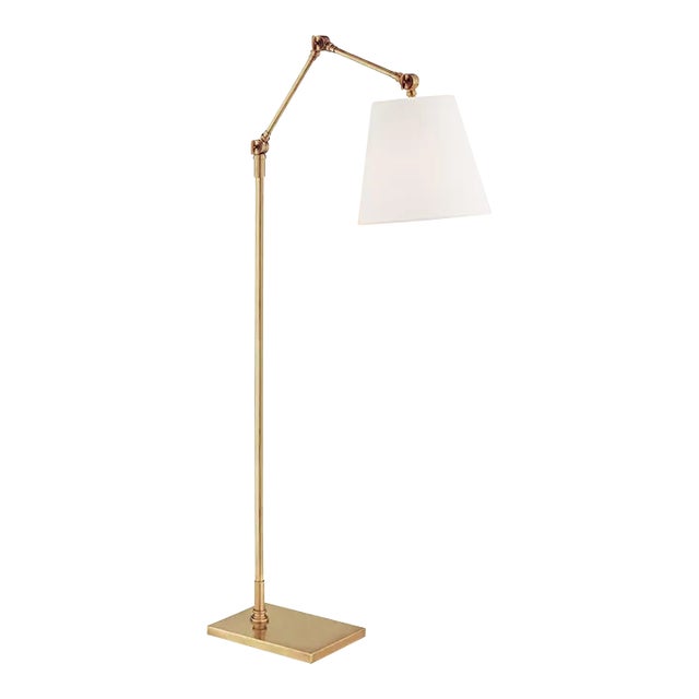 Suzanne Kasler for Visual Comfort Signature Graves Articulating Floor Lamp in Hand-Rubbed Antique Brass with Linen Shade For Sale