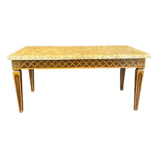 French Louis XVI Style Coffee Table With Marble Top and Geometric Lattice Design For Sale