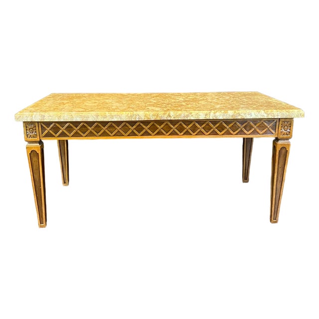 French Louis XVI Style Coffee Table With Marble Top and Geometric Lattice Design For Sale