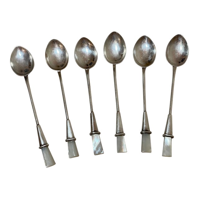 1990s Six Signed Cartier Sterling Silver Italian Mother of Pearl Demi-Tasse Spoons For Sale