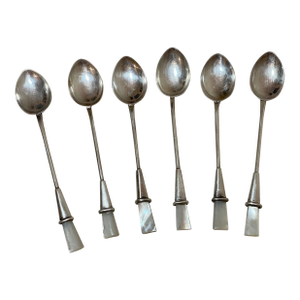 1990s Six Signed Cartier Sterling Silver Italian Mother of Pearl Demi-Tasse Spoons