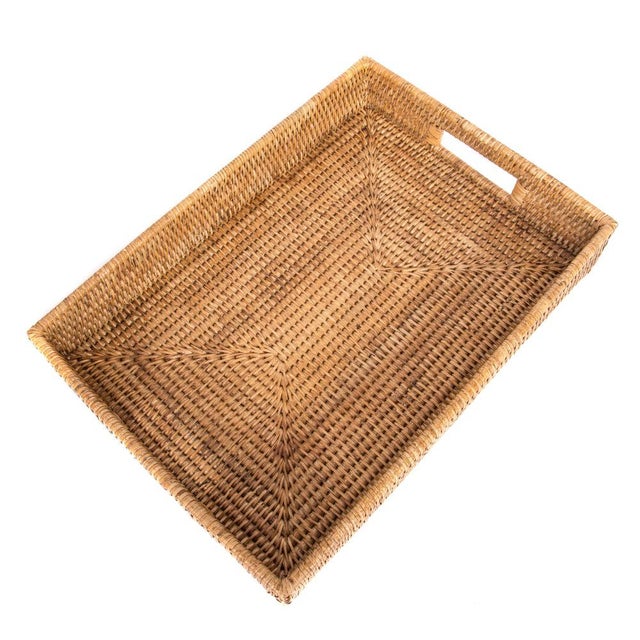 Boho Chic Artifacts Rattan Rectangular Tray with Cutout Handles in Honey Brown - 17" x 12" For Sale - Image 3 of 4