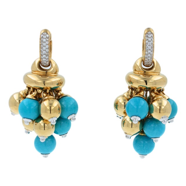 Blue Turquoise Diamonds Golden Sphere Bells Motif Two Tone Gold Huggie Earrings, A Pair For Sale