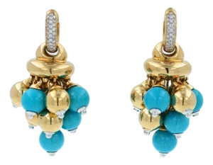 Blue Turquoise Diamonds Golden Sphere Bells Motif Two Tone Gold Huggie Earrings, A Pair
