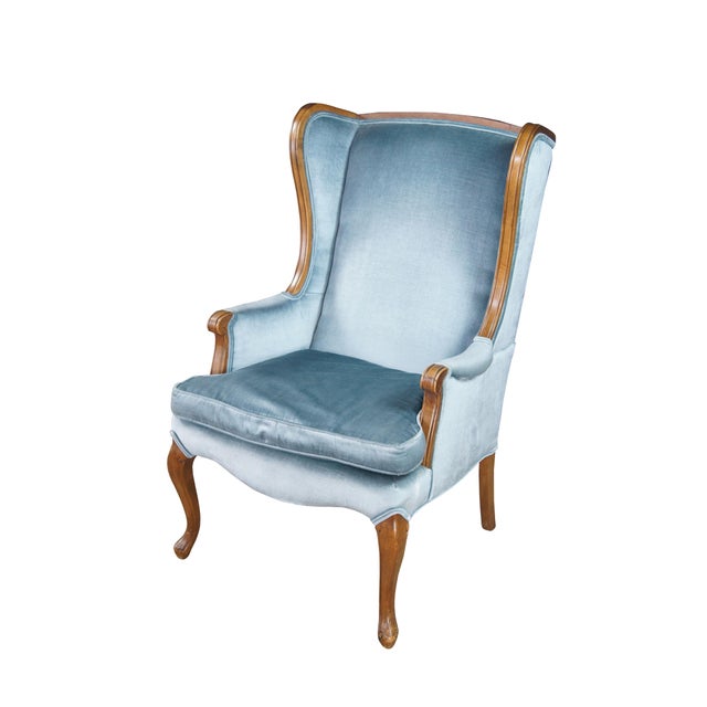 Queen Anne Vintage Queen Anne Style Library Wing Back Chair Light Blue Velvet Fabric For Sale - Image 3 of 11