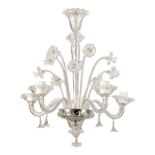 Italian Venetian 5 Light Clear Glass Daffodil Chandelier For Sale