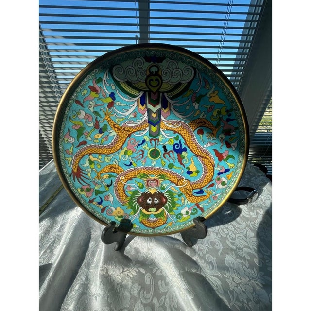 Chinese Large 12" Antique Chinese Cloisonné Dragon Charger Plate - Late Qing/Republic For Sale - Image 3 of 7