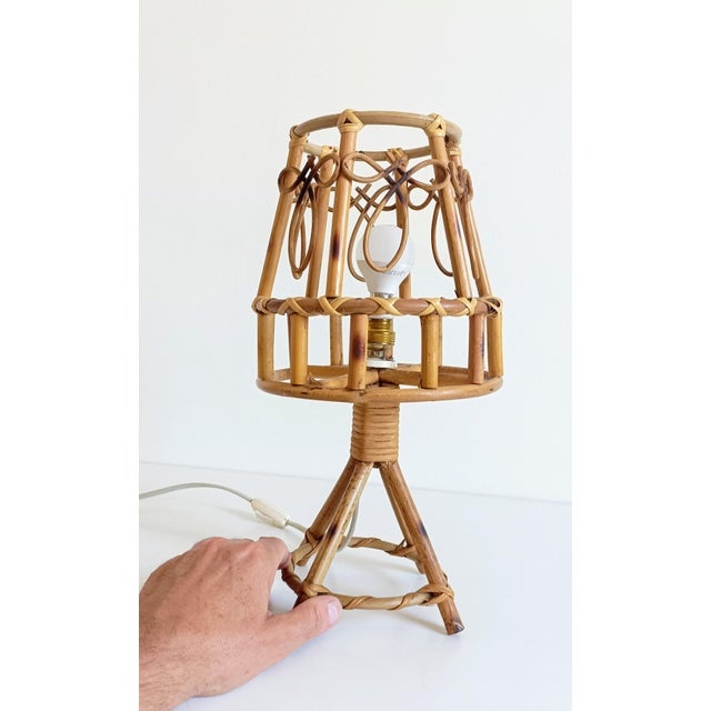 Light Yellow Mid-Century Bamboo Rattan Table Lamp in the style of Louis Sognot, 1960s For Sale - Image 8 of 15