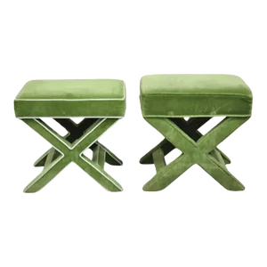 Mid 20th Century Vintage X-Base Billy Baldwin Style Green Upholstered Bench Stools - Similar Pair
