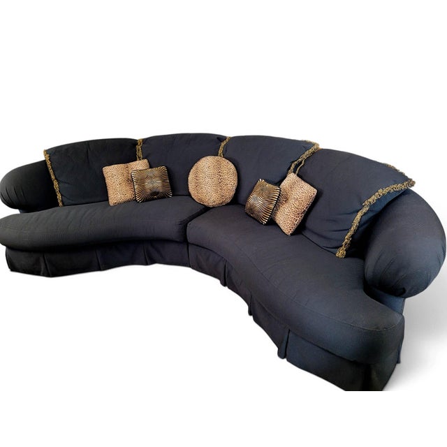 1980s Postmodern Serpentine Curved Two-Piece Sectional Sofa, Ribbed Black Upholstery For Sale - Image 11 of 17