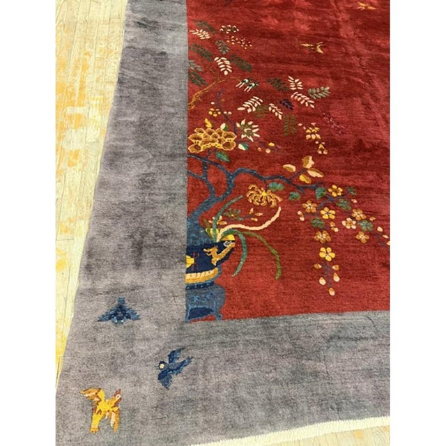 1920s 1920s Antique Vibrante Red Field Spray Floral Knotted Wool Chinese Art Deco Rug For Sale - Image 5 of 7