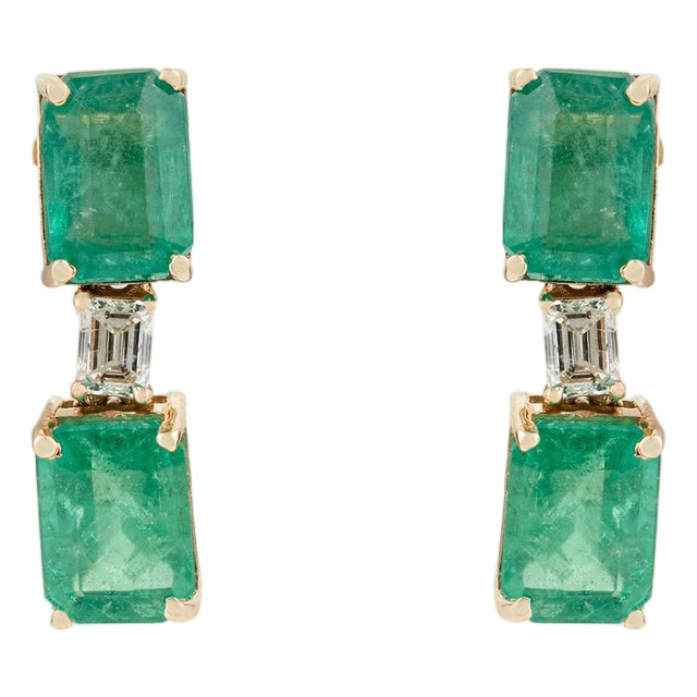 3.76 Ct Emerald & Diamond Art Deco Drop Earrings in 14k Yellow Gold- A Pair For Sale