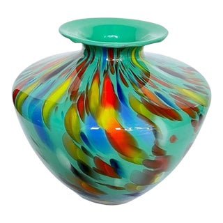 Vintage MCM Murano Style Teal Multicolor Confetti Italian Art Glass Vase For Sale