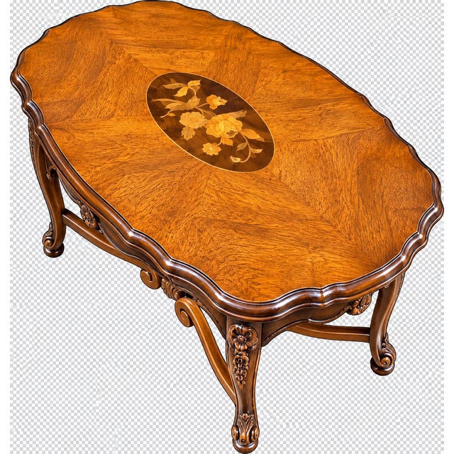 French French Louis XV Style Walnut Tea Table With Removable Glass Tray & Floral Marquetry For Sale - Image 3 of 9