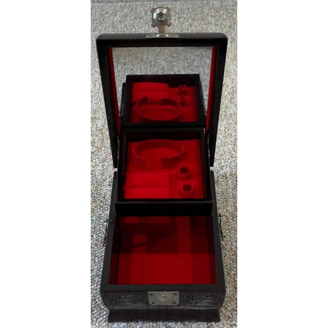 Korean Black Lacquer Jewelry Box. With mirror under lid and hinged shelf lined in red felt