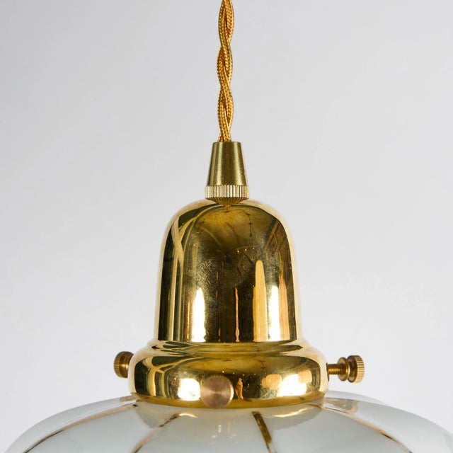 Glass Vintage Milk Glass Pendant W/ Fluted Shade + Gold Detail For Sale - Image 7 of 8