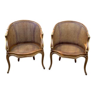 Antique French Barrelback Cane Club Chairs - a Pair For Sale