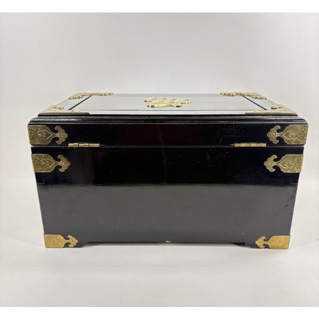 Large Vintage Chinese Black Lacquer Jewelry Box With Ornate Brass "Fu" Detail For Sale - Image 10 of 11