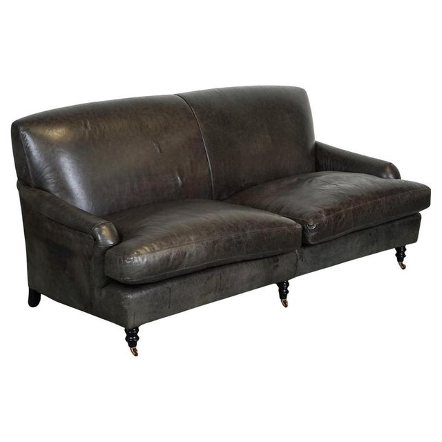 Howard Style Heritage Grey Leather Sofa For Sale - Image 15 of 15