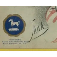 Fabulous original advertising art for White Horse Scotch whiskey depicting a stylish gent in tattersall garb & chomping a...