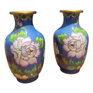 Chinese Cloisonné Enamel Vases, 1950, Set of 2 For Sale