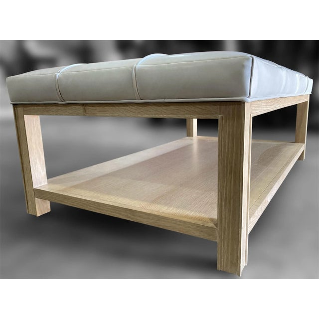 Highland House 1399-48 Franco Cocktail Ottoman With Off-White Tufted Leather Cushion and Lower Oak Shelf For Sale - Image 12 of 18