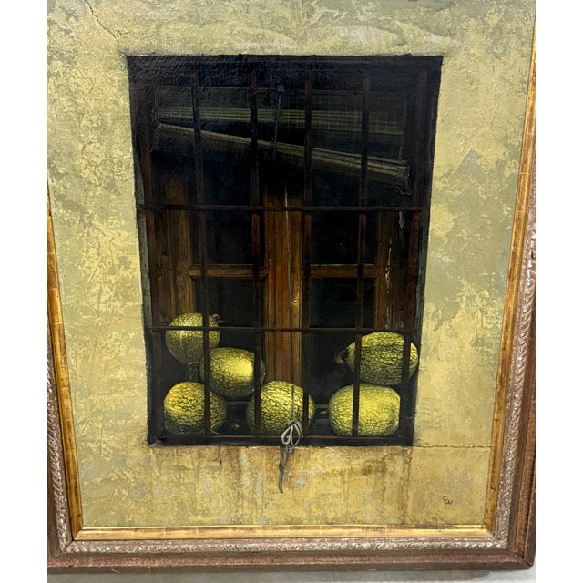 Art Deco Chuck Wood Trompe l’Oeil Still Life of Striped Melons in Barn Window, c. 1970s For Sale - Image 3 of 11