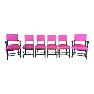 Jacobean Ebonized Oak Barley Twist Dining Chairs in Hot Pink Upholstery - Set of 6