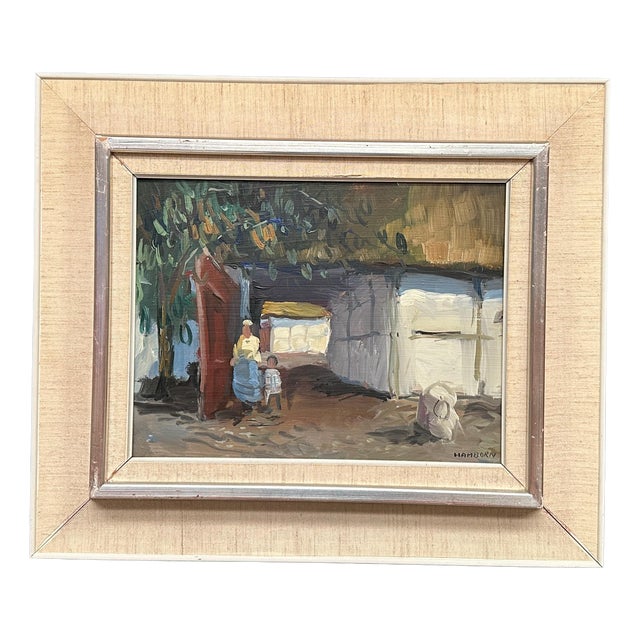 Axel Hamborn, Villagers in Courtyard, 1950s, Oil Painting on Panel, Framed For Sale