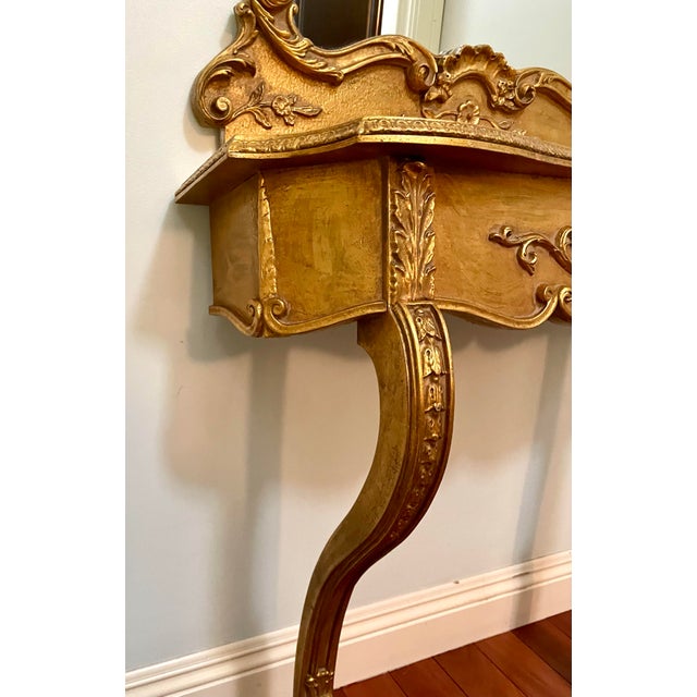 Wood French Louis XV Giltwood Wall-Mount Console Table With Mirror Set For Sale - Image 7 of 12