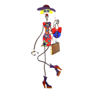 1980s Kat Hogan and Jerome Ellis Sculpture Metal and Fused Glass Woman on Shopping Spree 55 In. Height