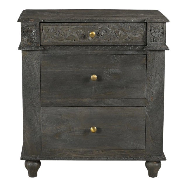 Transitional Style Hand Carved Solid Wood Ash Gray Nightstand With 3-Drawers For Sale