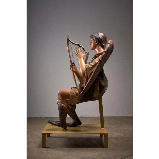 Antique Hand-Painted Wooden Angel and Harp Sculpture For Sale - Image 6 of 11