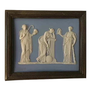 Antique 18th Century English Georgian Wedgwood Jasperware Neoclassical Plaque of Urania & Muses in Bronze Frame