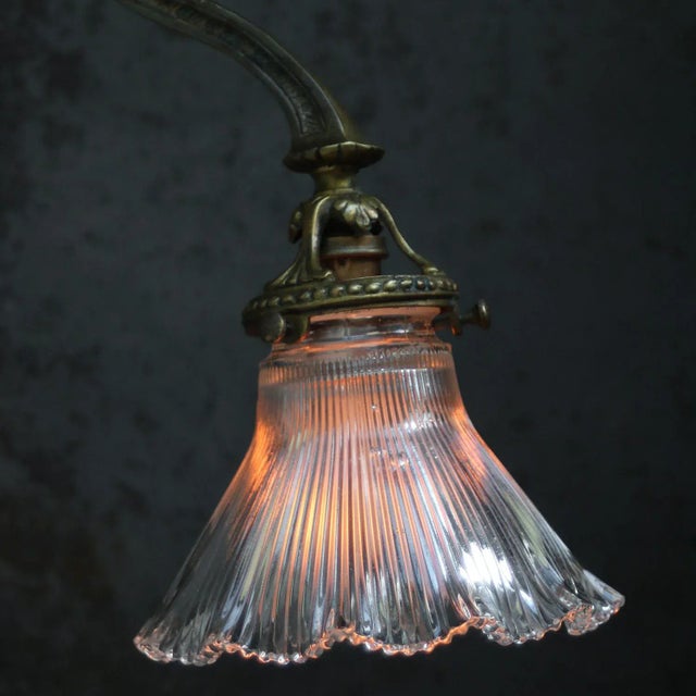 Art Nouveau French Copper & Brass Holophane Glass Sconce For Sale - Image 3 of 9