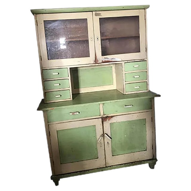 Vintage Glass & Painted Wood Kitchen Cupboard, 1930s For Sale