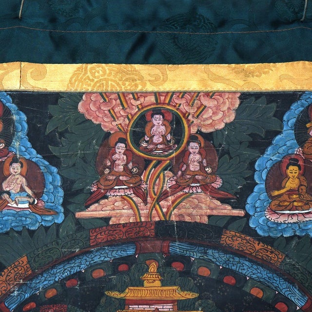 Antique Tibetan Hand Painted Silk and Canvas Thangka with Figures, Circa 1920 For Sale - Image 9 of 12