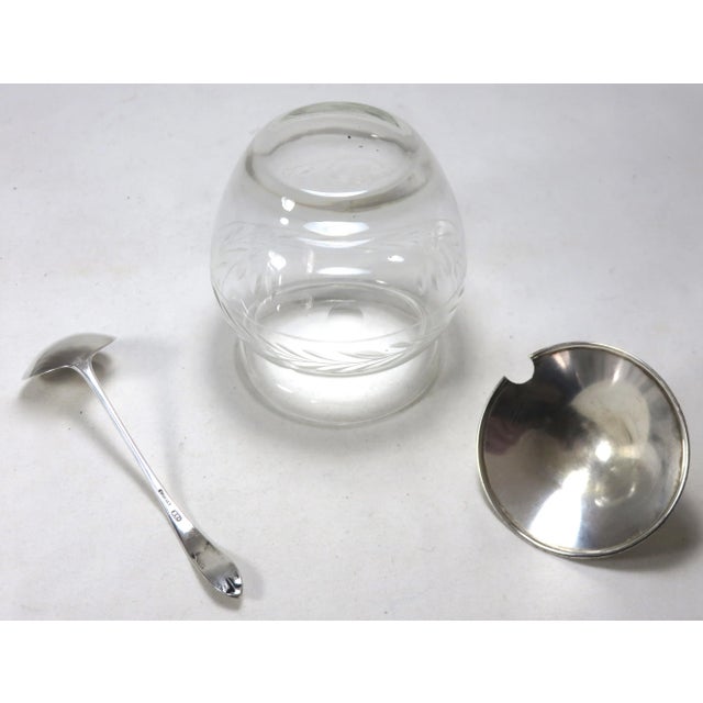 Silver Vintage 1950s Mid Century Etched Decorated Crystal & Sterling Silver Jam Jar & Spoon Set For Sale - Image 8 of 13