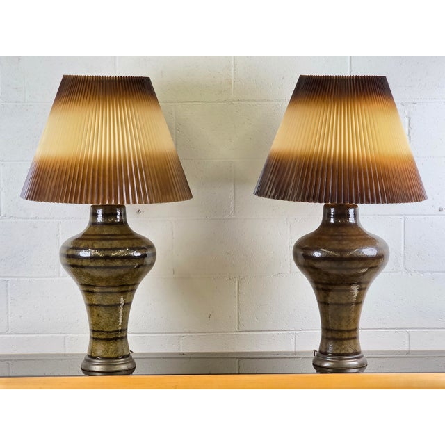 Massive Pair Of Earth Toned Ceramic Drip Glazed Mid Century Table Lamps. In Excellent Condition & Complete With Original...