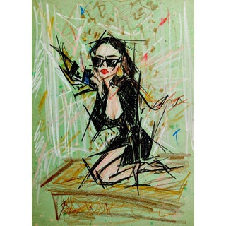Contemporary Color Pencil Sketch of Girl in Versace on Limited Edition A4 Handmade Paper by Shirin Godhrawala For Sale