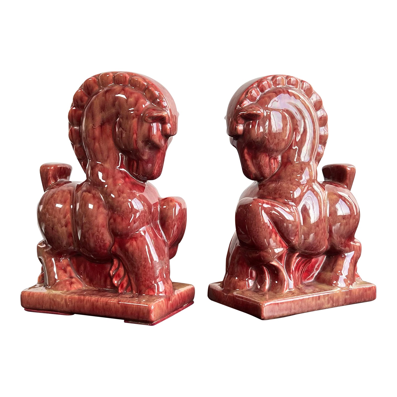 Pair of Vintage Mid Century Modern Chinoiserie Red Ceramic Horse Bookends
