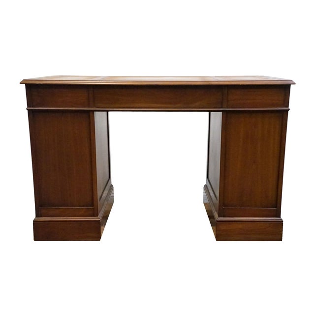 Sligh Lowry Solid Pine Early American Country Style 46" Double Pedestal Writing Desk W. Tooled Leather Top For Sale - Image 11 of 12