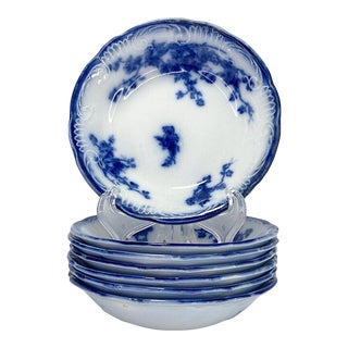 1890s Grindley "Marechal Neil" Set of 7 Flow Blue Ceramic Fruit Dessert Bowls For Sale