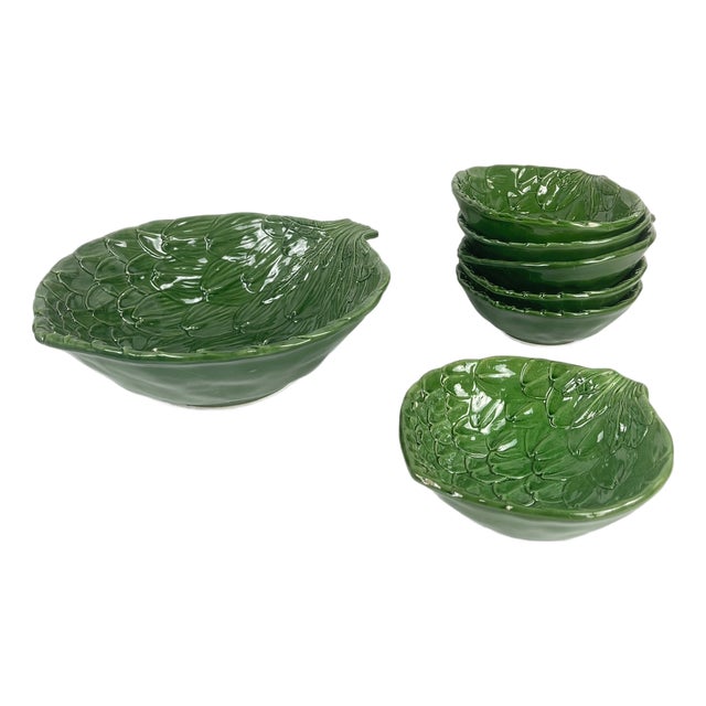 Vintage Green Artichoke Leaf Salad Bowls, 1970s, Set of 7 For Sale